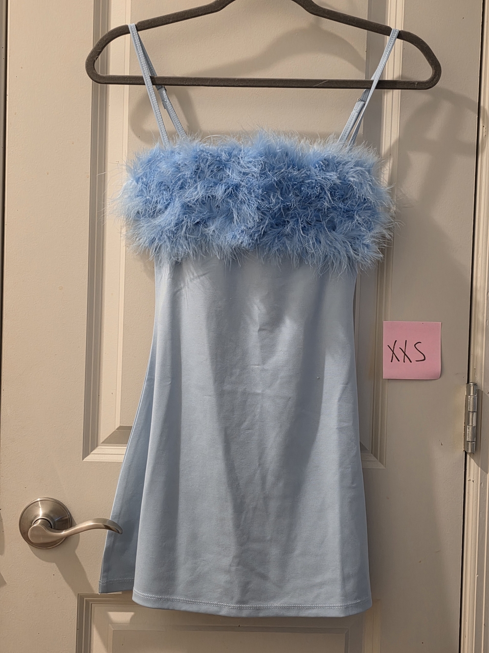 Sugar Thrillz Light Blue Feather Trim Slip Dress